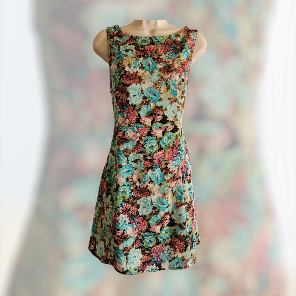 Ambiance Apparel Blue Floral Fit & Flare Dress Medium